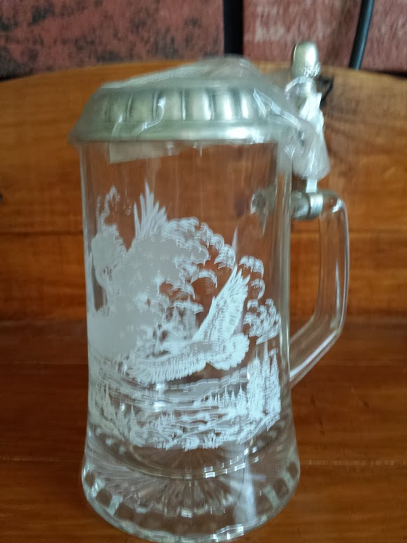 Flying Eagle glass stein with pewter lid